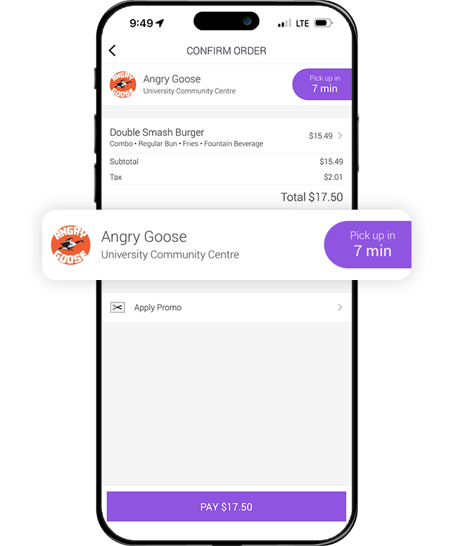 An image of an example order from Angry Goose showing that the pick up is in seven minutes.